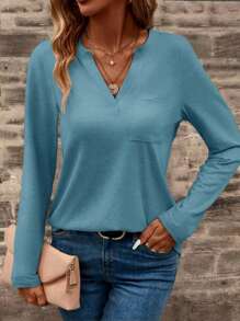 EMERY ROSE Camiseta De Manga Larga Con Cuello De Muesca Profunda Para Mujer - Azul - Ver 5