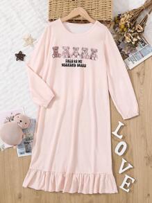 Girls' Flame Retardant Bear Family Print Nightdress - Apricot - View 1