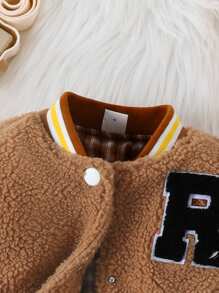 Bébé Garçon Veste Universitaire À Applique Lettre À Ourlet À Rayures - Jaune moutarde - Voir 7