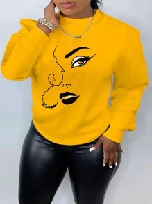 INAWLY 大尺寸臉部印花圓領運動衫 - 黃色 - 查看 1