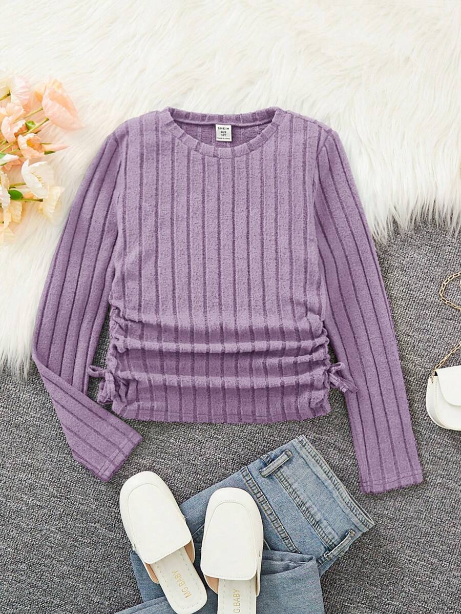 SHEIN Áo thun dài tay cổ tròn cổ điển có nếp gấp bên hông cho bé gái Tween - Màu tím - Xem 1