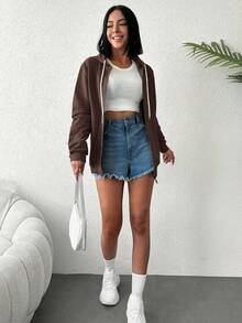 EURMUSE Solid Color Drawstring Zip-up Hoodie - Brown - View 5