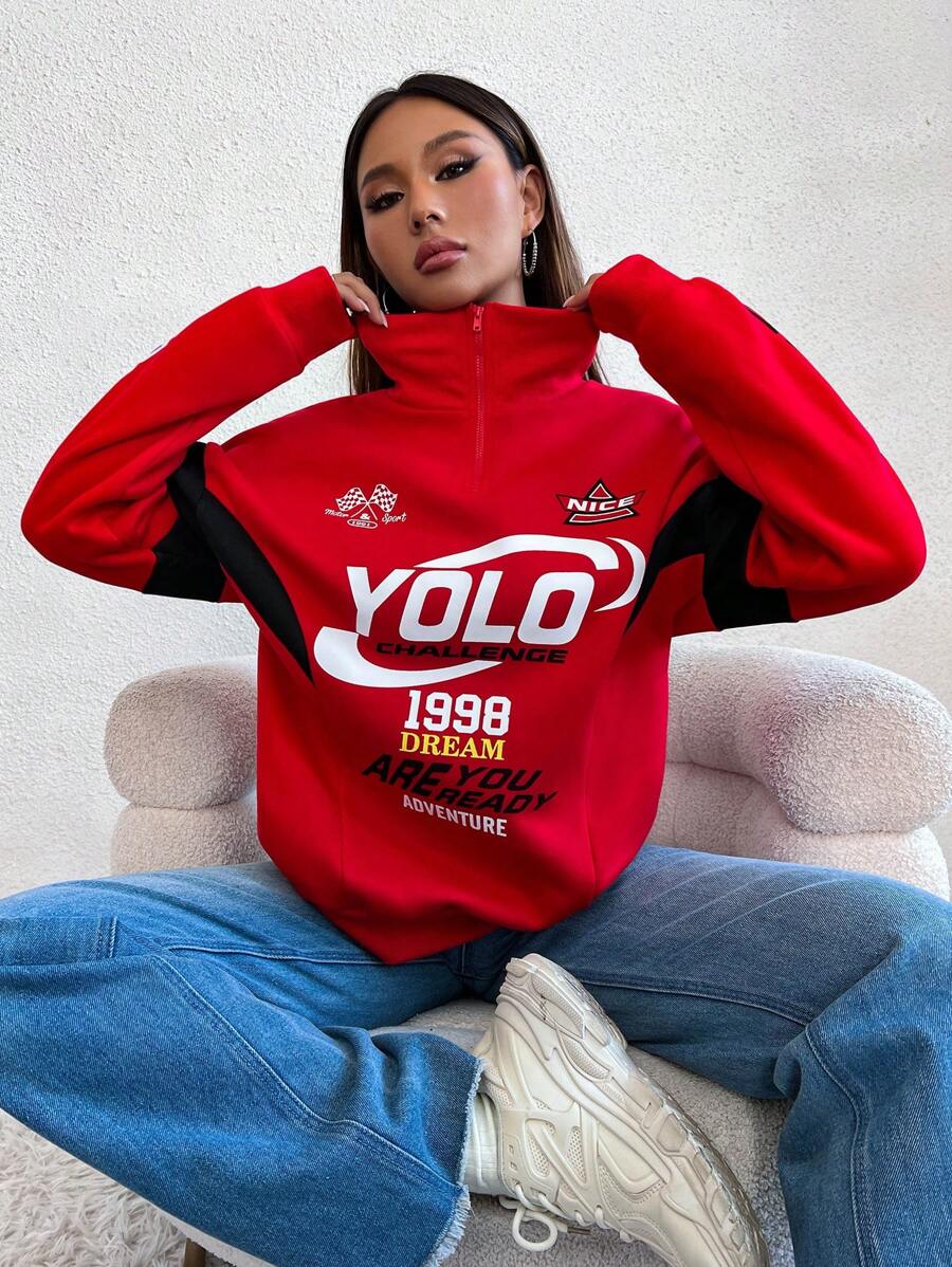 SHEIN Unity Letter Graphic Half Zip Drop Shoulder Sweatshirt - Red - View 1