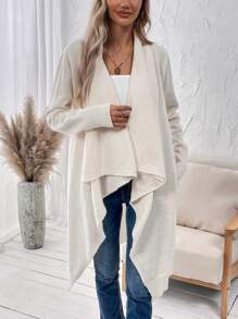 SHEIN LUNE Cárdigan Largo De Cuello De Cascada Y Manga Larga Abierta - Beis - Ver 5