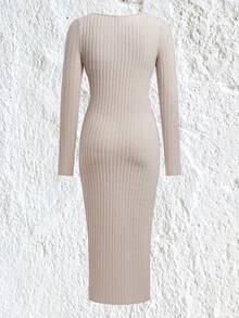 SHEIN EZwear Chất rắn Scoop Cổ Đồ đan Ribbed Váy bodycon - Màu be - Xem 2