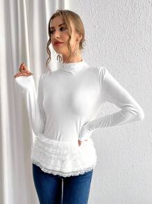 SHEIN Privé Women's Mesh Fabric & Frill Hem Detail Patchwork T-shirt - White - View 4