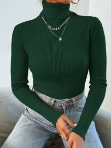Mulvari Solid Color Turtleneck Sweater,Long Sleeve Tops Knit Pullover Fall Winter Sweater - Dark Green - View 6