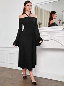 Modelyn Women's Off Shoulder Furry Sleeve Cuff Bodycon Dress - Black - View 3