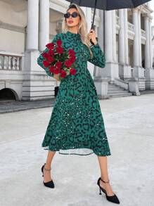 Aveloria Robe À Manches Longues Et Col Demi-haut Imprimée Léopard