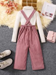 SHEIN Nhỏ bé Cô gái Màu thuần Vải to sợi Nút Trang trí Áo liền quần - màu nâu - Xem 2