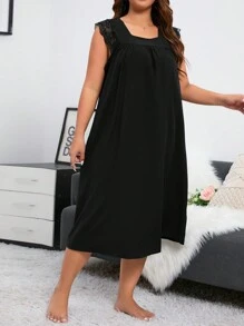 Plus Size Women's Square Neck Sleep Dress Pajama Dress, Long Dress - Black - View 5