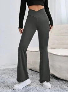 SHEIN PETITE 重疊腰喇叭褲 - 深灰色 - 查看 1