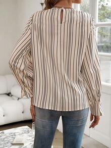 SHEIN LUNE Women's Striped Print Shirt With Front Knot Detail - Apricot - View 3