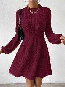 SHEIN Essnce Solid Color Ribbed Knit Sweater Dress - Burgundy - View 3