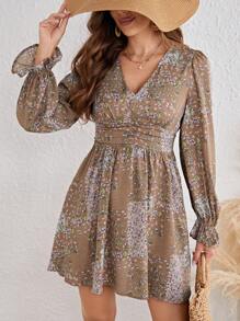 SHEIN Frenchy Ditsy Floral Print Flounce Sleeve Ruched Waist Dress Winter Vacation Brown Flower Beach - Mocha Brown - View 5