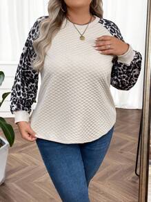 SHEIN CURVE+ Áo nỉ tay raglan in họa tiết da báo Plus, áo nỉ mùa thu. - Màu be - Xem 6