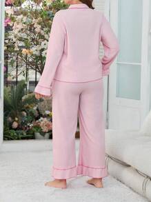 Plus Contrast Piping Flounce Sleeve Ruffle Hem PJ Set / Pajama Set - Pink - View 3