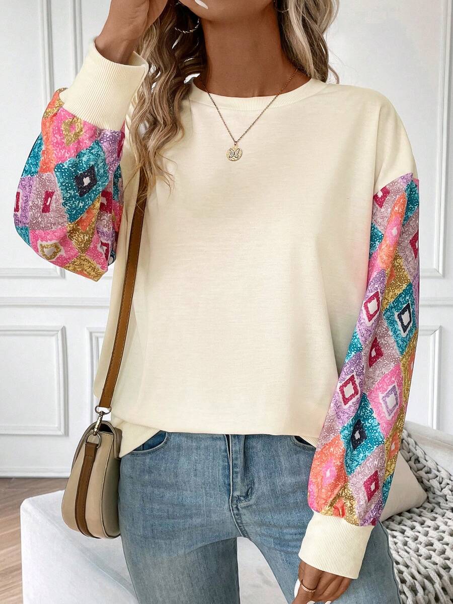 SHEIN LUNE Sudadera con estampado geométrico de hombros caídos - Albaricoque - Ver 1