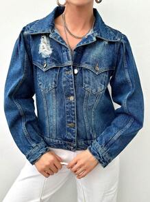 RueChic Women's Casual Distressed Denim Jacket - Blue - View 3