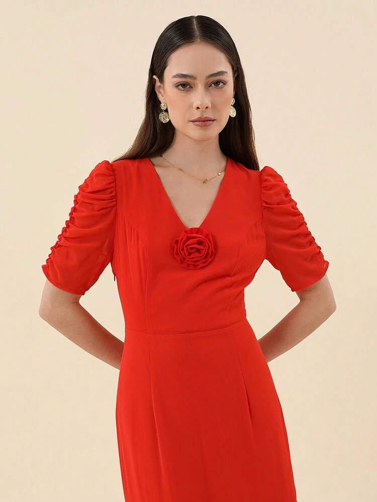 3D Flower Patched Ruched Puff Sleeve Layer Hem Dress Without Belt