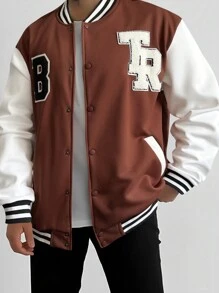 Manfinity Hypemode 男士寬鬆版字母拼接彩塊校隊夾克,帶有條紋修飾 - 彩色 - 查看 1