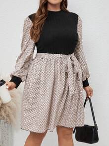 SHEIN LUNE Vestido De Talla Grande Con Cinturón Y Bloqueo De Color - Multicolor - Ver 4