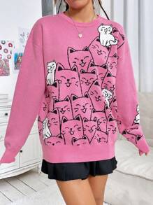 SHEIN EZwear 女用卡通貓圓領毛衣 - 粉色 - 查看 1