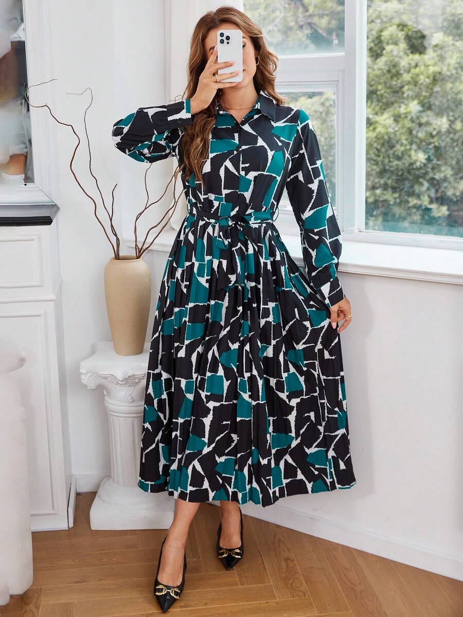 SHEIN Clasi Của phụ nữ Tay áo dài Hình học In Váy sơ mi Với thắt lưng - Nhiều màu - Xem 1