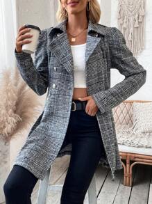 SHEIN LUNE 女士格紋v領羊毛大衣