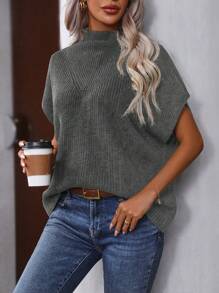 SHEIN Clasi Solid Color Stand Collar Batwing Sleeve Sweater Vest - Grey - View 1