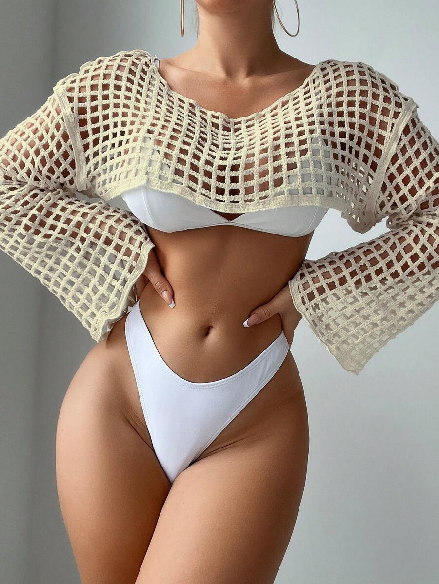 Hollow Out Cropped Cover Up Top (bikini Not Included) - Beige - View 1