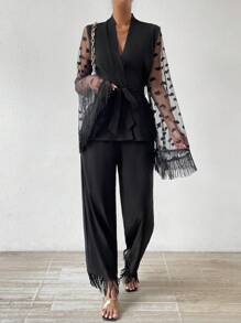 SHEIN LUNE Contrast Mesh Flare Sleeve Top And Fringe Hem Pants Set - Black - View 4