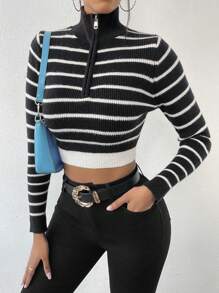 Zolique 女士条纹撞色长袖针织套头衫秋冬毛衣 - 黑與白 - 查看 3