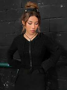 Coolane Zip Up Raglan Sleeve Drawstring Hooded Cardigan - Black - View 1