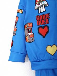 流行的嬰兒男孩連帽拉鍊上衣和彈性腰長褲套裝,印有字母和蘑菇圖案,街頭風格 - 藍色 - 查看 4