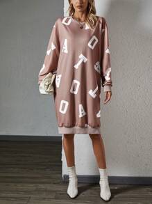 SHEIN Essnce Letter Graphic Drop Shoulder Split Hem Sweatshirt Dress - Khaki - View 6