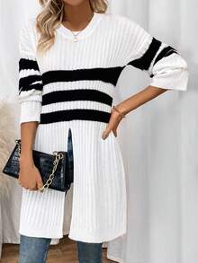 SHEIN LUNE 女款開衩下擺長條紋毛衣 - 白色 - 查看 6