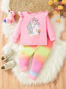 Baby Girl Unicorn Ruffle Detail Top And Gradient Leggings Fall/winter Set - Multicolor - View 1