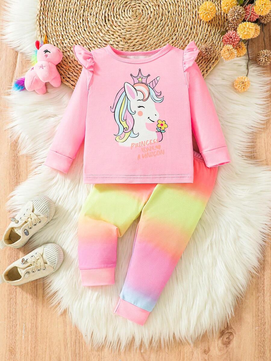 Baby Girl Unicorn Ruffle Detail Top And Gradient Leggings Fall/winter Set - Multicolor - View 1