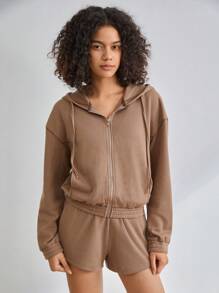 Ocili Leisure Zip Up Drawstring Hooded Lounge Top