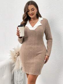 SHEIN LUNE Kích thước lớn Màu Khaki Bộ đồ Vòng cổ Váy bodycon - Màu Khaki - Xem 4