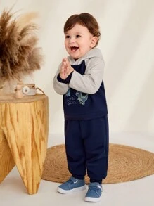 Baby Boy Dinosaur Print Raglan Sleeve Hoodie & Sweatpants - Navy Blue - View 6