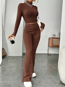 SHEIN EZwear de cuello alto tejido de canalé Camiseta & Pantalones acampanados - Marrón Chocolate - Ver 5