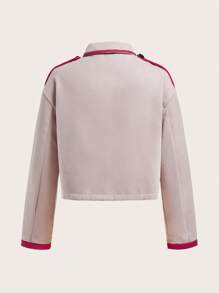 SHEINNeu 條紋印花拼接邊落肩袖花呢外套 - 卡其色 - 查看 2