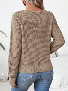 Áo len nữ tay dài cổ tròn màu trơn, thiết kế khoét rỗng, kiểu dáng thường ngày. - Màu Khaki - Xem 2