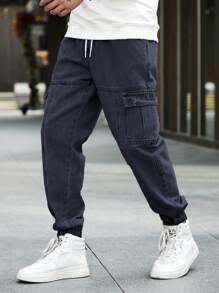 Aesthetic Post--Men's Loose Fit Denim Pants With Flap Pockets And Elastic Hem - Dark Grey - View 1