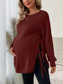 SHEIN 孕婦側扣斜肩毛衣 - 酒紅色 - 查看 3