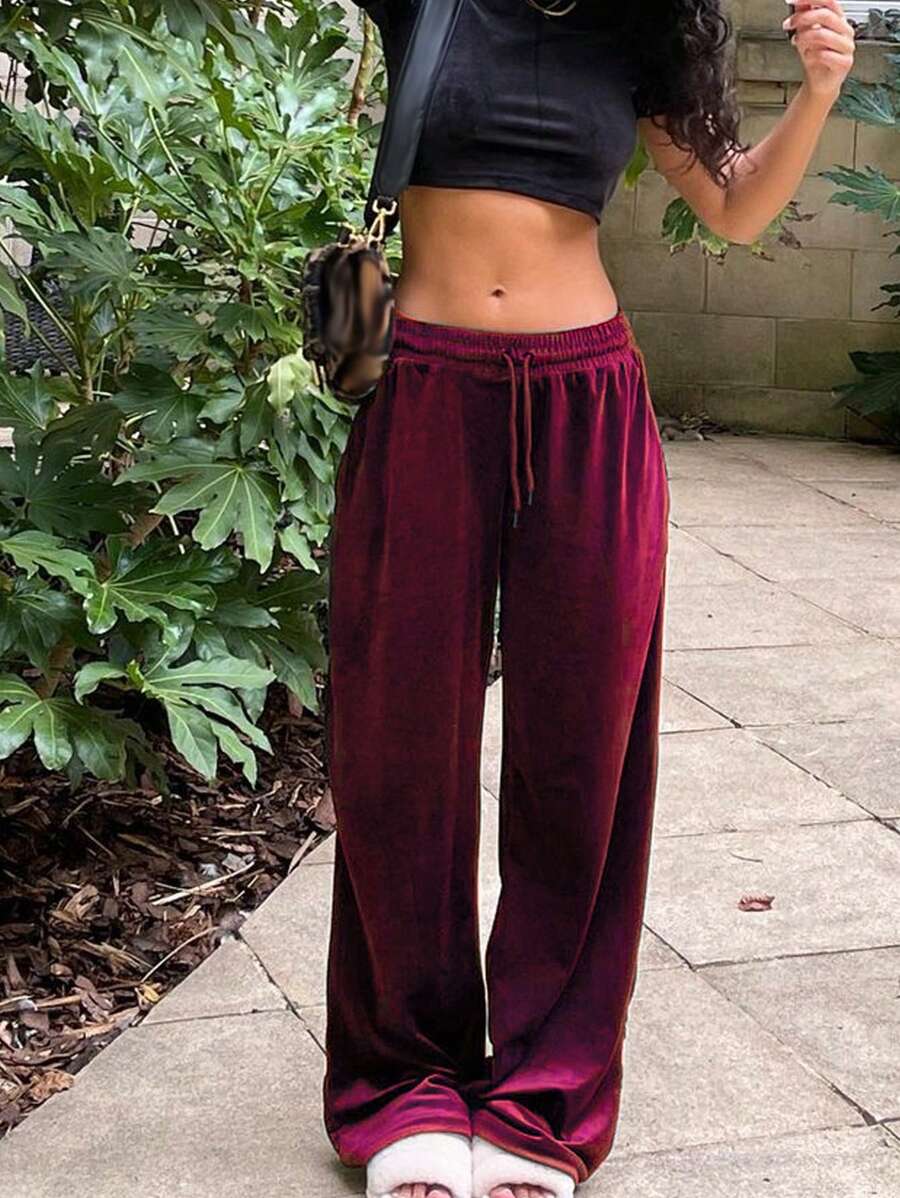 INAWLY 女士彈性腰長褲,附帶束口設計 - 酒紅色 - 查看 1