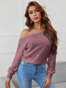 SHEIN Essnce Cổ không đối xứng Thả vai Gân đan Áo chui đầu - Bụi hồng - Xem 1