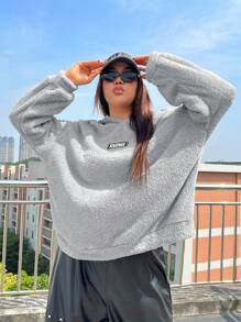 SHEIN Coolane 加大码字母拼接落肩泰迪卫衣 - 灰色 - 查看 1